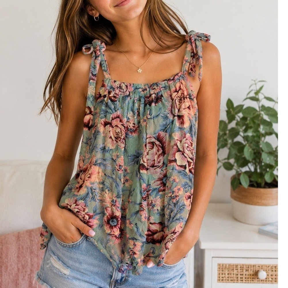 American Eagle Outfitters Floral Tie Strap Sleeveless Boho Tank Top Size Small
